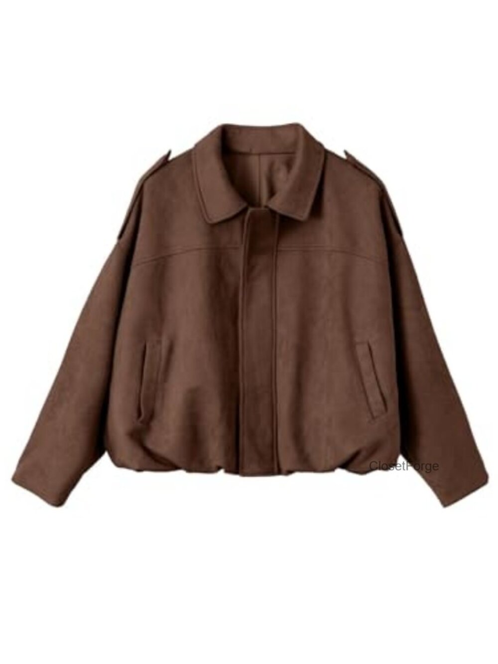 Faux Suede Cropped Bomber Jacket with Metal Zipper & Pockets